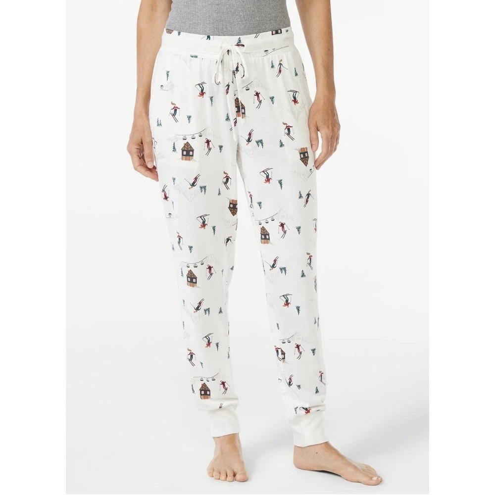 Joyspun Hacci Knit Jogger Holiday Pajama Pants Winter White Ski Print Medium
